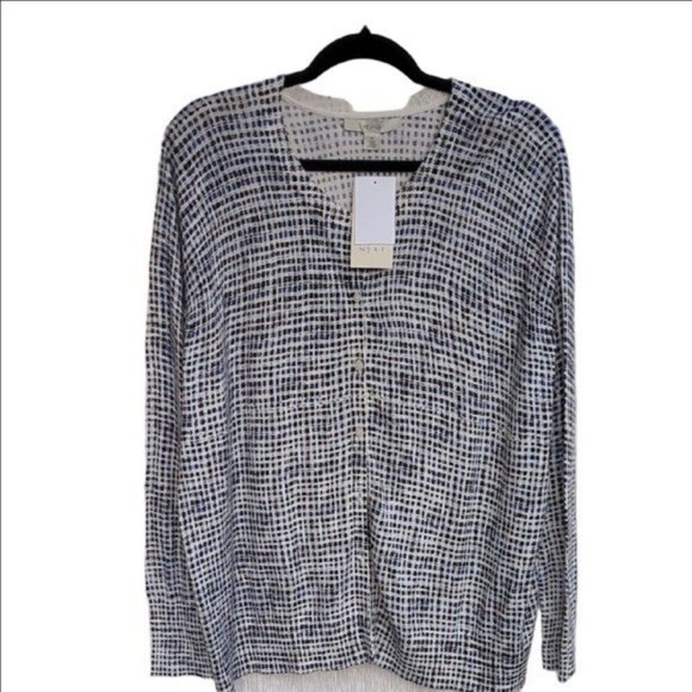 Sejour Women's 2X Blue Ivory Gingham Print Long Sleeve V Neck Cardigan Sweater